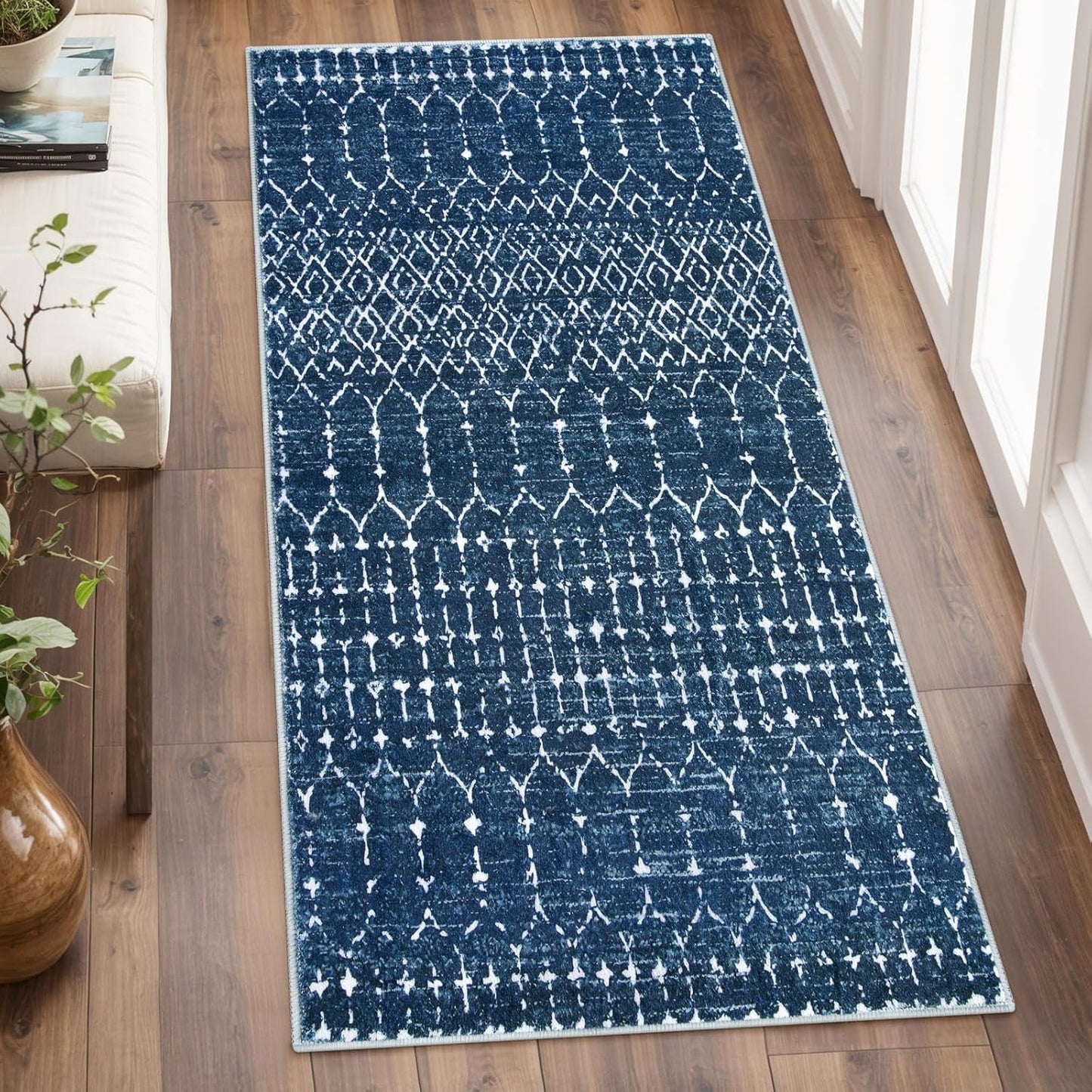 Lahome Moroccan Entry Rug 2x3, Non-Slip Washable Front Indoor Door Mat Rubber Backing Low-Profile Door Rugs, Small Geometric Print Distressed for Entryway Bathroom Kitchen, Black Hana