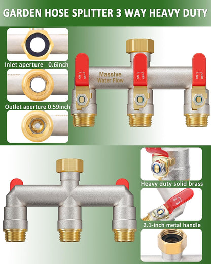 Garden Hose Splitter 3 Way Heavy Duty Brass Nickel Plated Hose Splitter with Large Handle, Full Flow Water Hose Spigot Splitter with Shutoff Valve, T Adapter Connector, 3/4 - Inch GHT Thread（Green）