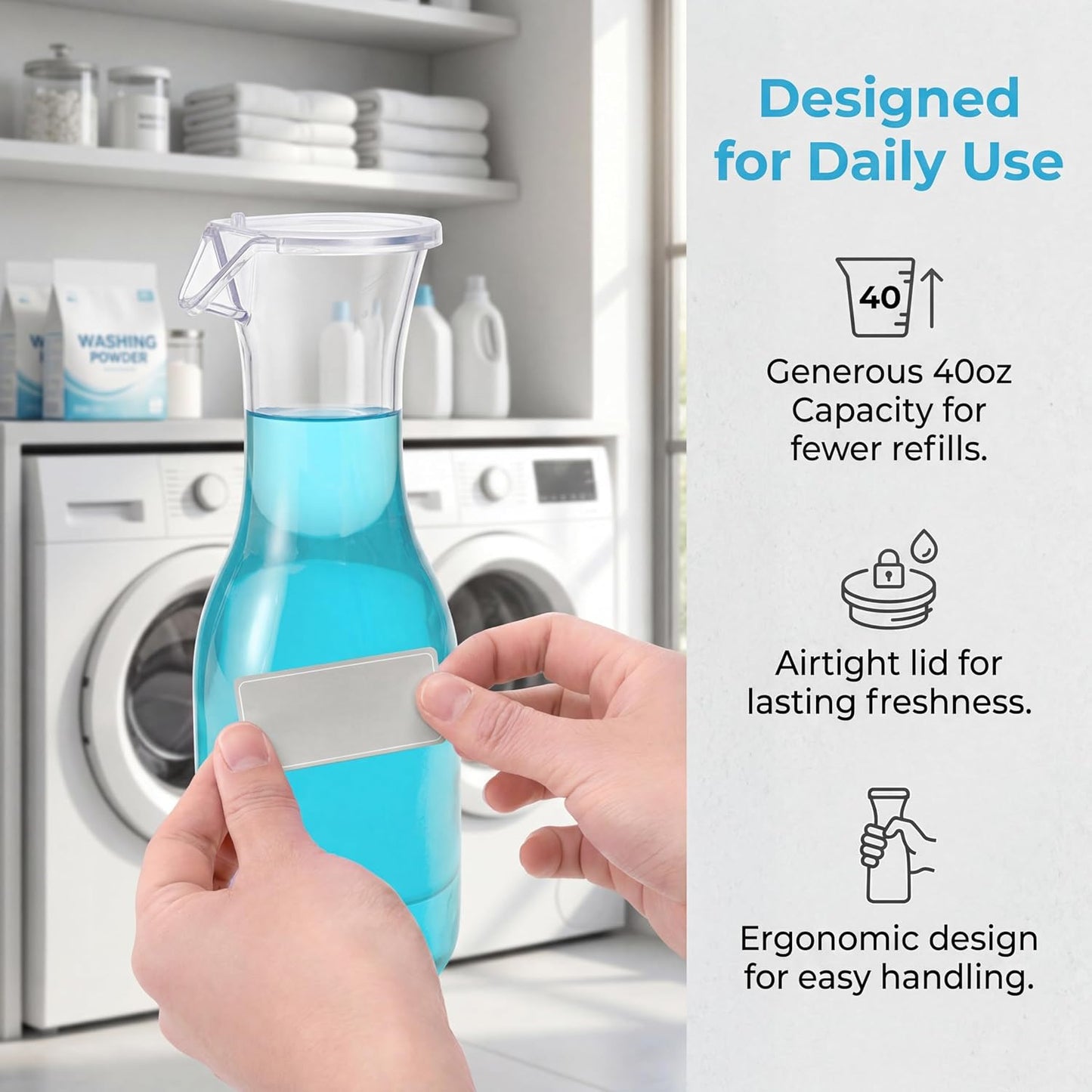 3 Pack Laundry Detergent Dispenser with 5 Labels, 40 OZ Plastic Fabric Softener Bottle, Reusable Detergent Container, Laundry Room Organizer for Liquid Soap Powder Bleach Scent Booster Beads