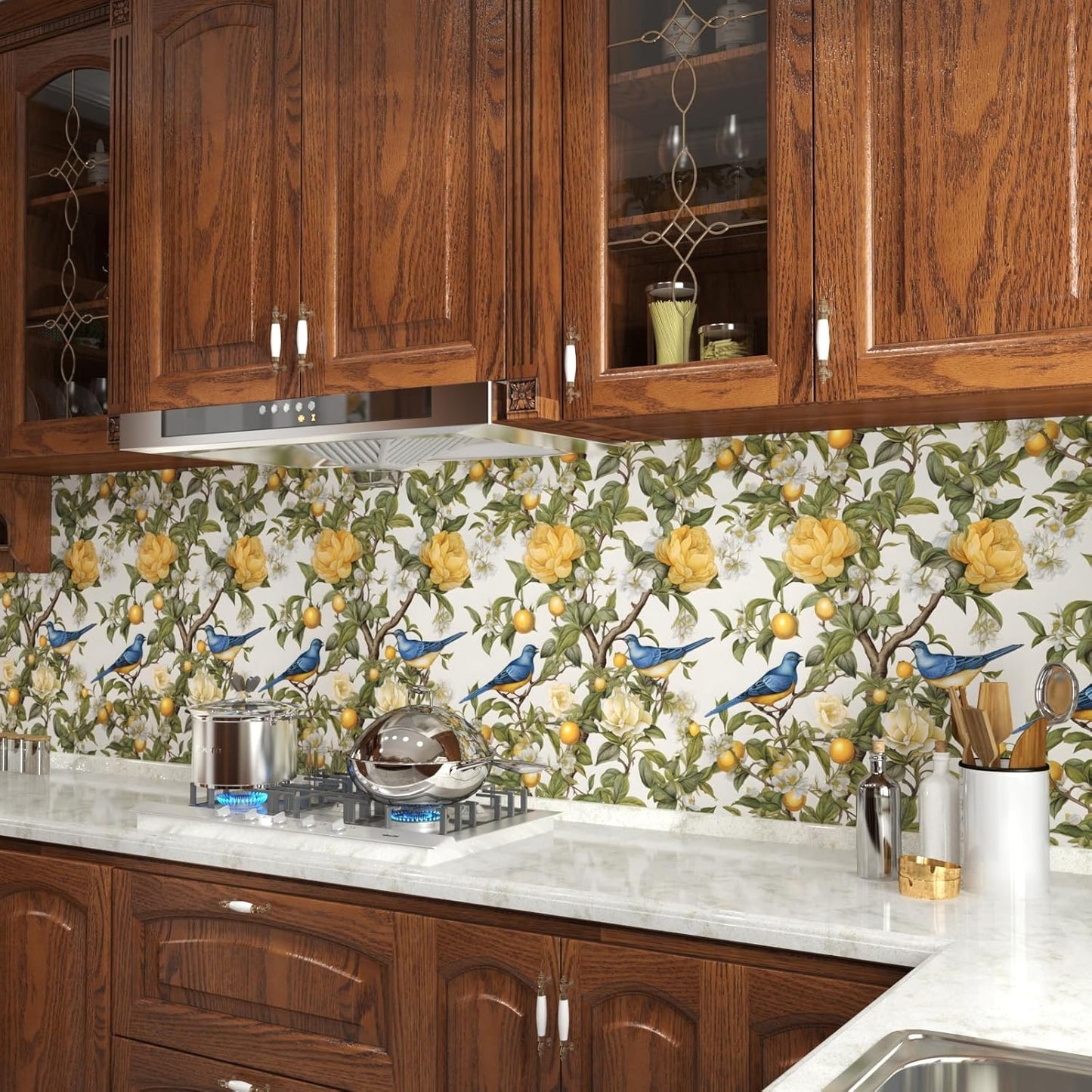 Danodoi Yellow Floral Wallpaper Peel and Stick Vinyl Wallpaper Stick and Peel Colorful Contact Paper for Cabinets Waterproof Self Adhesive Wall Paper for Kitchen Countertop Wall 17.5" x 118"