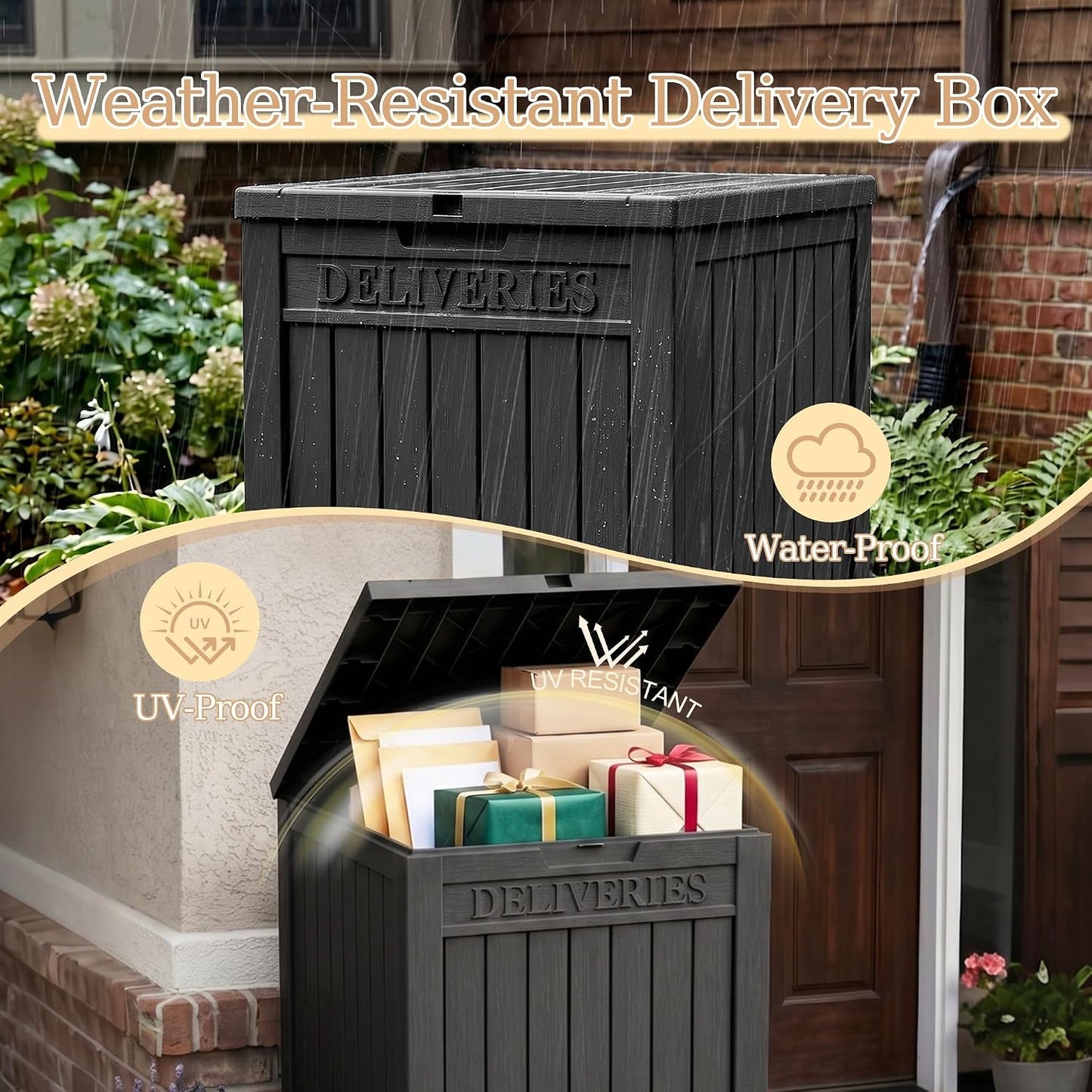 Outdoor Storage Box, 90 Gallon Package Delivery Boxes for Outside, with Lockable Secure, Deck Box Outdoor Waterproof for Entryway, Front Porch, Backyard, Garden, Patio, Lawn, Black