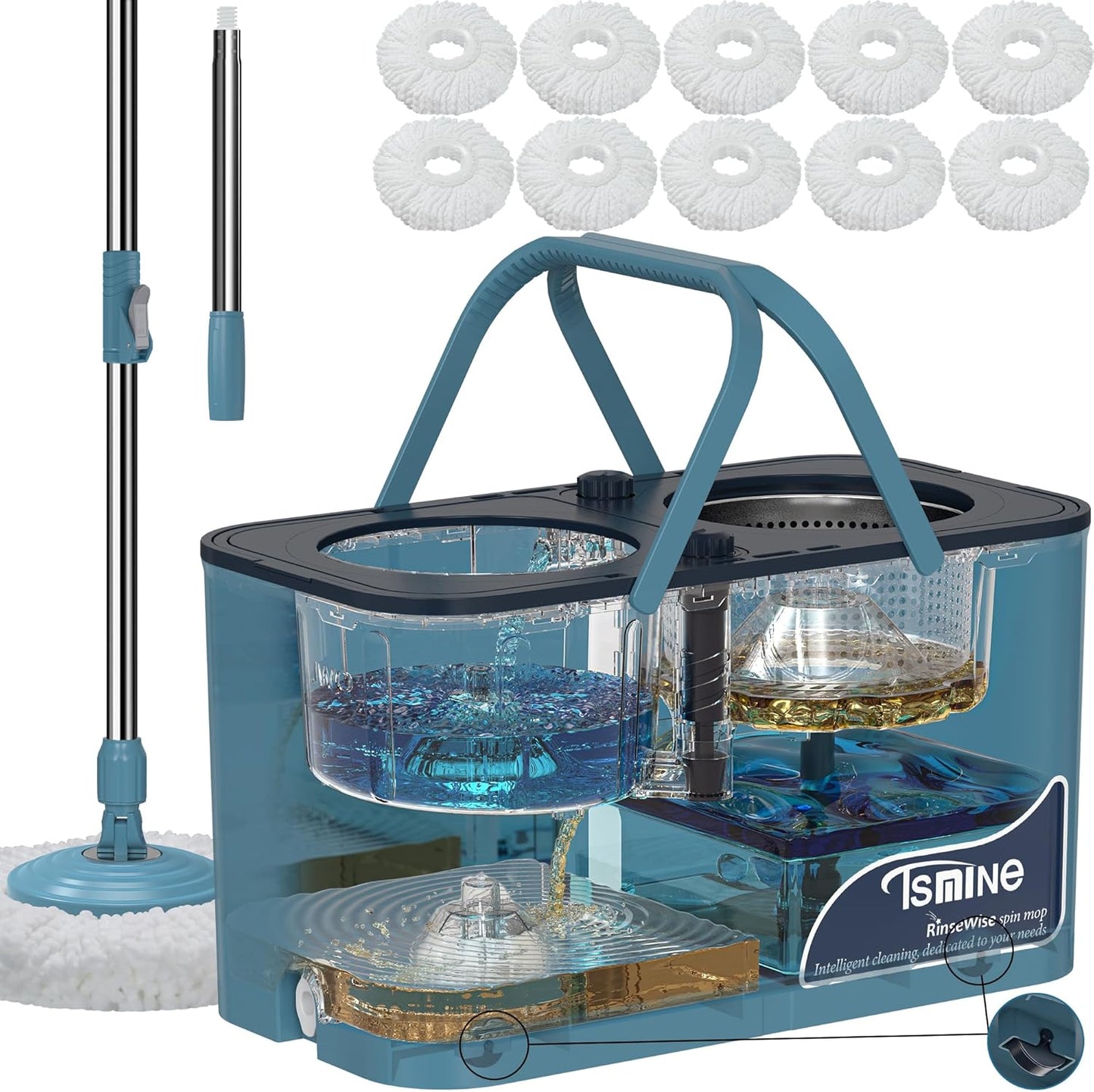Spin Mop for Large Homes & Big Floor Cleaning, Clean & Dirty Water Separation Mop Bucket for Family & Pet Homes,4-Chamber System, Glide Wheels, Safe for Hardwood & Tile, Adjustable Handle, 6 Mop Heads