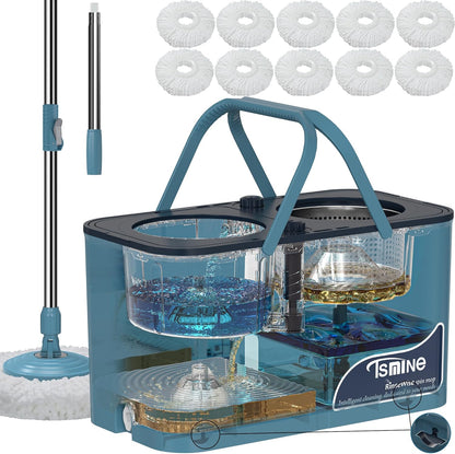 Spin Mop for Large Homes & Big Floor Cleaning, Clean & Dirty Water Separation Mop Bucket for Family & Pet Homes,4-Chamber System, Glide Wheels, Safe for Hardwood & Tile, Adjustable Handle, 6 Mop Heads