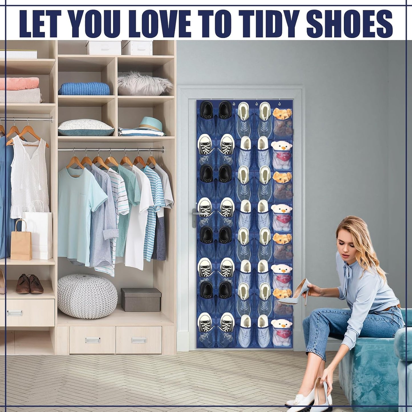 Windyun 40 Over The Door Shoe Organizer, Large Mesh Pocket Hanging Shoe Rack Hanger Large Capacity Gray Behind The Door Storage Holder for Dorm College Closet Entryway Bedroom Utility Room Women Men