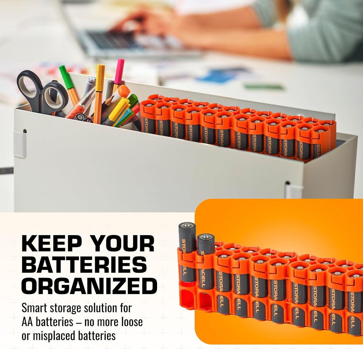 AA Battery Storage Caddy by Storacell, Yellow - Holds 24 Batteries (Not Included)