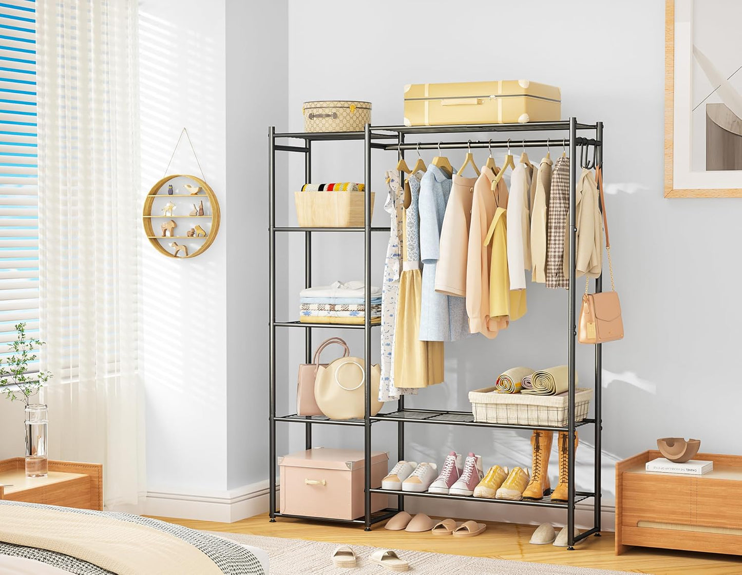 Neprock Wardrobe Closet, Portable Clothing Rack for Hanging Clothes, Free Standing Closet Organizers and Storage System with 4 Tiers Shelves for Cloakroom Bedroom,Black
