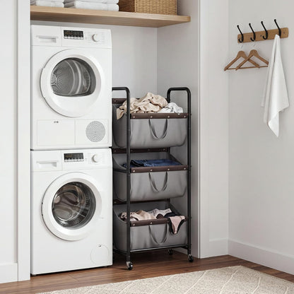 GRANNY SAYS 3 Section Tiered Laundry Sorter, Slim Vertical Laundry Hamper with Wheels, Narrow Rolling Laundry Cart with Removable Bags for Laundry Room, Bathroom, Closet, Dorm, Beige