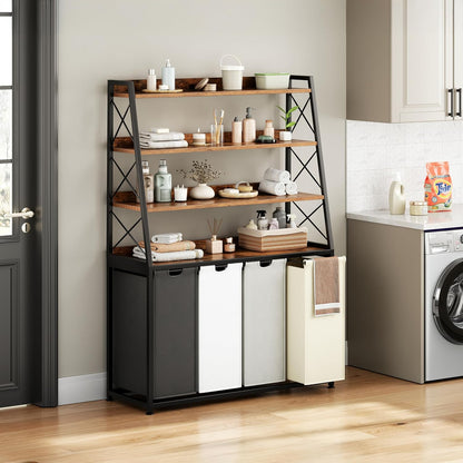 Herture Laundry Basket, 3 Section Laundry Hamper with 4 Tiers Shelf, Pull-Out and Removable Laundry Bags, Large 3 x 15.87 Gallons, for Laundry Room Bathroom Rustic Brown PF05XLN