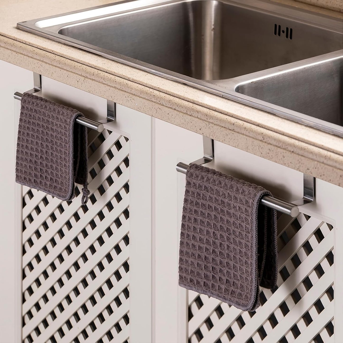Cabinet Door Towel Bar, Kitchen Towel Holder, Matte Black 2 Pack | Extended Anti-Slip Arm, EVA Scratch Guard Pads, No-Drill Install, Stainless Steel Dish Towel Holder, Kitchen Towel Rack