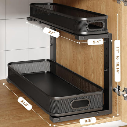 2 Pack Under Sink Organizer With Smooth Cylindrical Rail,2-Tier Pull Out Multi-Purpose Cabinet Storage for Bathroom&Kitchen,Height Adjustable,Rust-resistant Coating-White