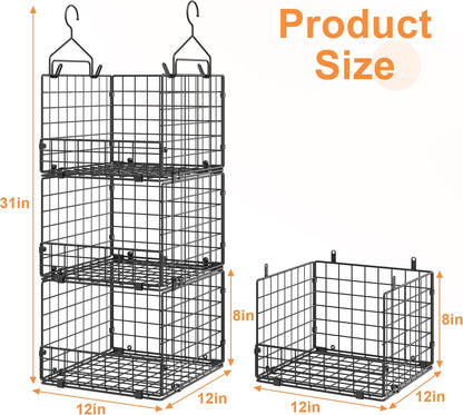 Sonyabecca 3-Tier Hanging Closet Organizers and Storage, Foldable Stackable Wire Basket Bins with 5 S Hooks, Space-Saving Hanging Closet Shelf for Clothing, Sweaters, Handbags, Hats,Purse
