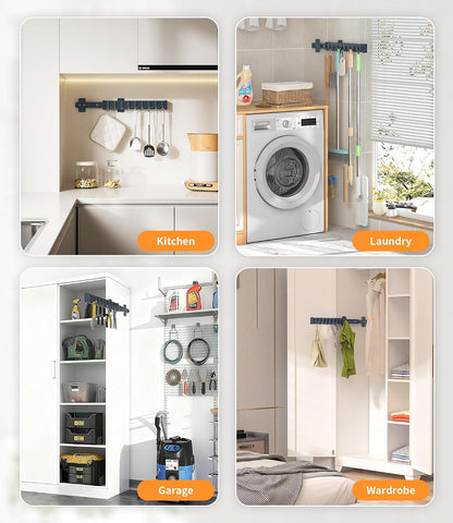 Pull Out Broom Holder With 9 Adjustable Sliding Hook, Multifunctional Slide Broom And Mop Storage/Organizer Garage Organization Hooks, for Closet Laundry - Dark grey- 41cm/16.14inch