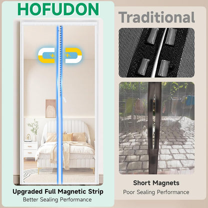 HOFUDON Upgraded Magnetic Screen Door Mesh, Full Strip Magnets, Heavy Duty Fiberglass Mesh, Door Screen Magnetic Closure for Single Door Size 32 x 80 Inch, Screen Door Size 35 x 82 Inch Black