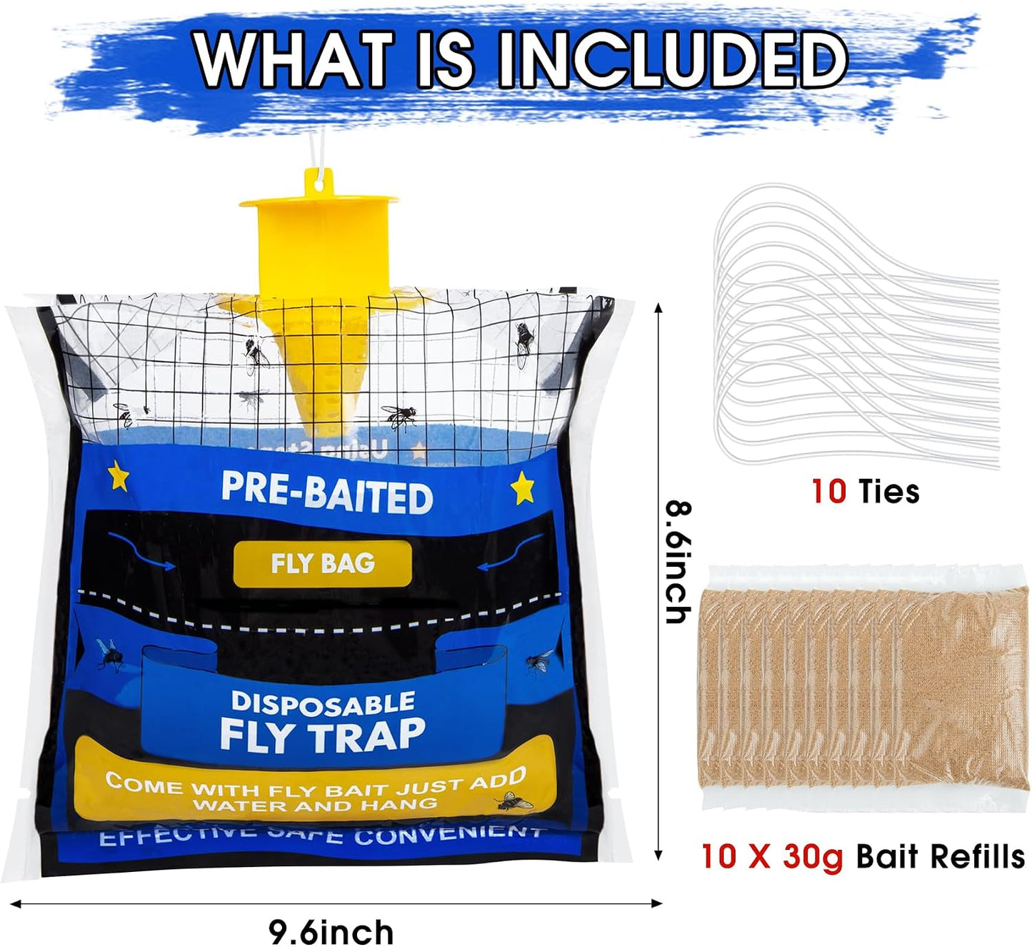 6 Pack Fly Traps Outdoor Hanging for Patio, Outdoor Disposable Hanging Fly Trap with 30g Bait, Bug Fly Hunter Catcher Killer Control for Barn Horse Ranch Chicken Coop