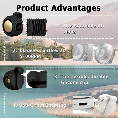 Portable Clip-On Fan, Mini USB Rechargeable 360° Rotatable Fan, Personal Fan 3-Speed Silent Mini Bladeless Fans