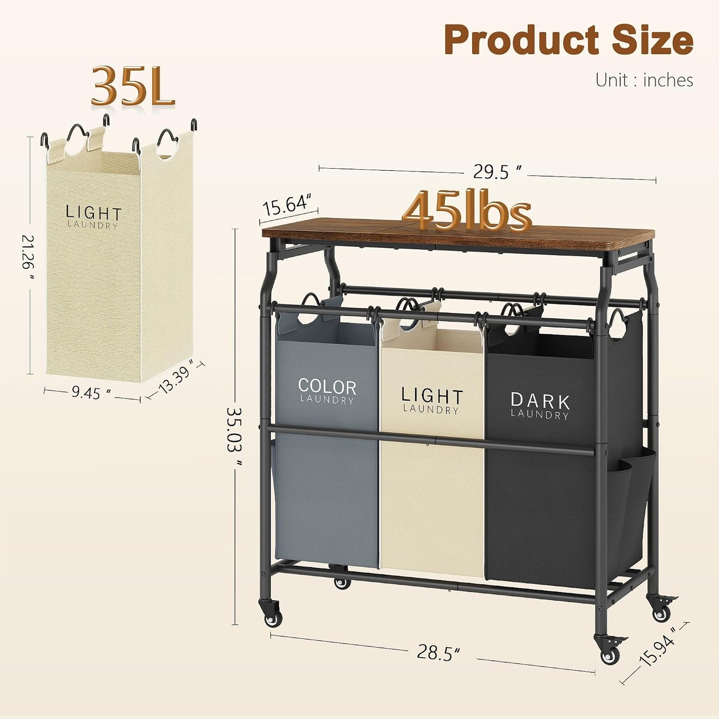 Hoctieon 3 Section Laundry Sorter Cart with Ironing Board, Laundry Hamper with Shelf and Rolling Wheels, Heavy Duty Laundry Basket Organizer, Large Clothes Separator Hamper with Removable Bags, Black