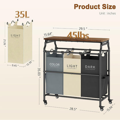 Hoctieon 3 Section Laundry Sorter Cart with Ironing Board, Laundry Hamper with Shelf and Rolling Wheels, Heavy Duty Laundry Basket Organizer, Large Clothes Separator Hamper with Removable Bags, Black