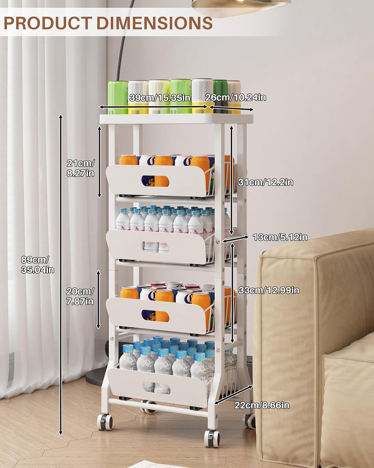 4 Tier Slim Fridge Side Cart with Slide Track Pull Out Baskets, Rolling Metal Kitchen Gap Storage Trolley