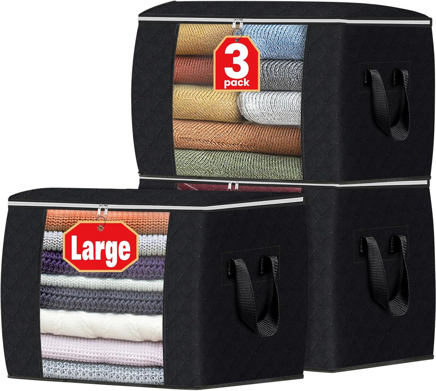 Fab totes 6 Pack Storage Bags for Clothes and Blanket, Foldable Closet Organizers and Storage with Zippers, Clear Window and Handles, Fabric Storage Bins for Sweater, Comforter, Bedding,Linen Sheets