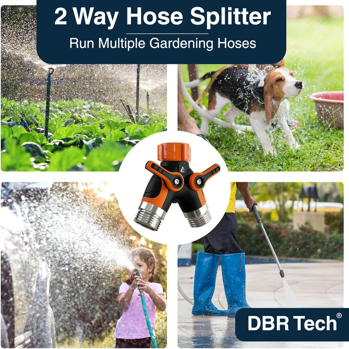 DBR Tech® Hose Splitter 2 Way, Heavy Duty Metal Connector, Two Way Garden Hose Splitter, High Flow Spigot Faucet Bib Adapter, Solid Double Y Shut Off Valve for Outdoor Gardening Hoses, Orange