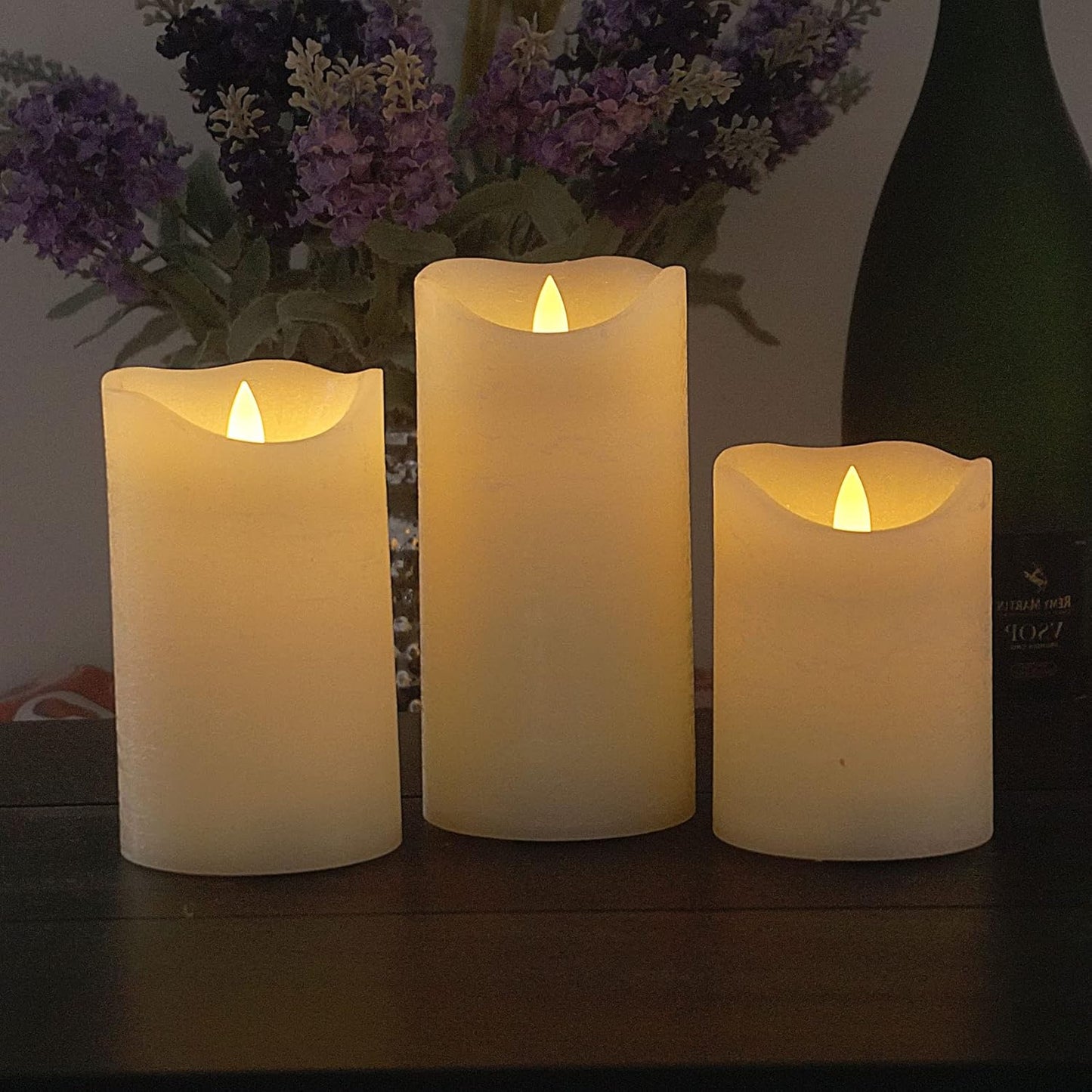 Battery Operated Flameless Candles with Remote Timer Real Wax Realistic Bright Flicker Flickering Electric Electronic LED Pillar Lights Home Wedding Party Decorations Set of 3 Rustic Texture Gray Grey