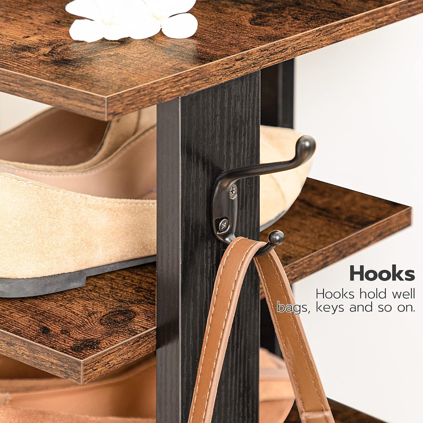 HOOBRO 8 Tiers Vertical Shoe Rack, Wooden Shoe Storage Organizer with Hooks, Narrow Shoe Tower for 8 Pairs, Space Saving, for Entryway, Living Room, Bedroom, Rustic Brown BF07XJ01G1