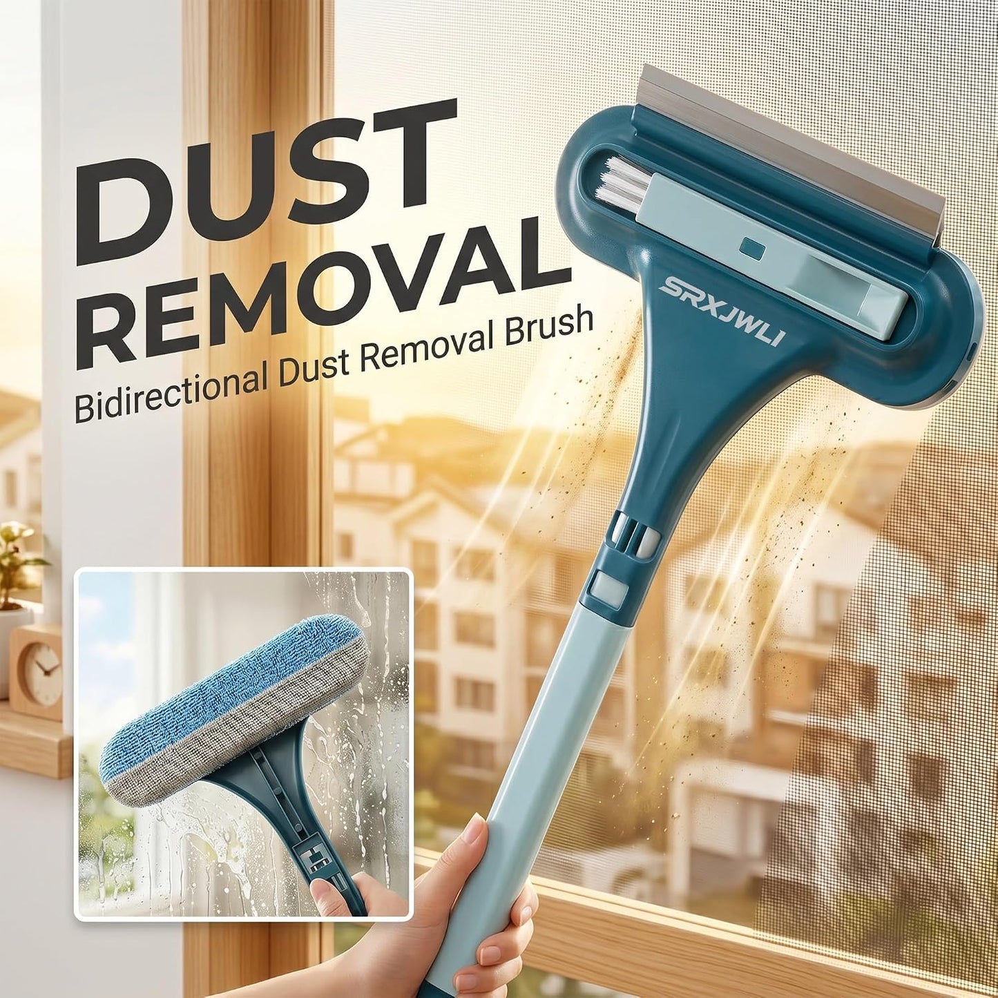 Window Screen Cleaner Tool Outdoor Mesh Cleaning Brush Full Crystal Glass Door LCD Track Hose Washer Windshield Clean 2-in-1 Multi-Purpose Double-Sided Kit with Vacuum Squeegee Handle(Blue)