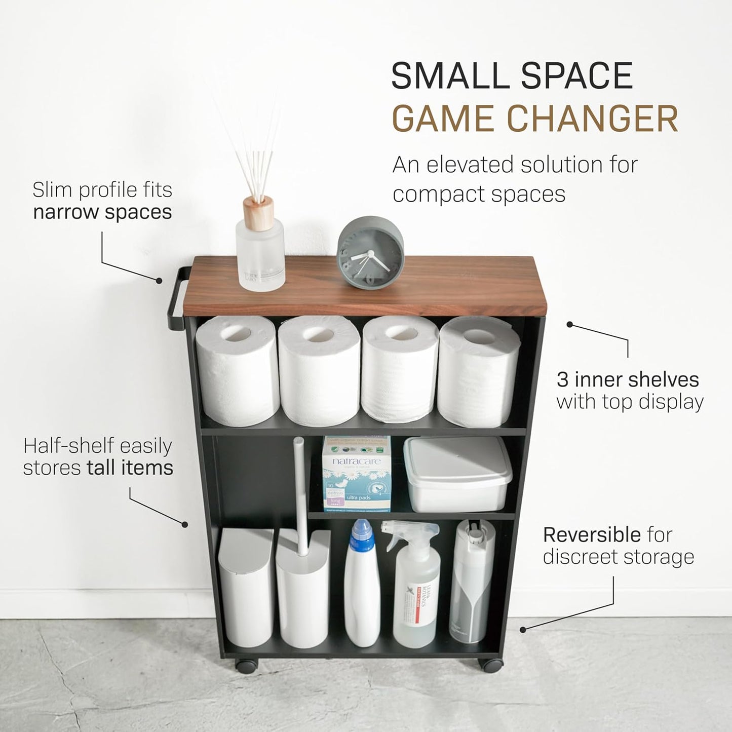 Yamazaki Home Slim Rolling Storage Cart – Narrow Bathroom Storage Cabinet With Handle, Slim Bathroom Storage Cart With Wheels, Easy Assembly, Steel + Wood, White, 27" - Steel -