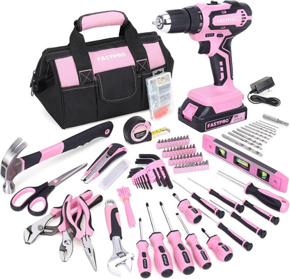 FASTPRO 232-Piece Home Tool Set with Drill, 20V Cordless Drill Driver, Household Repairing Tool Kit with Drill, 12-Inch Wide Mouth Storage Tool Bag Included, Red