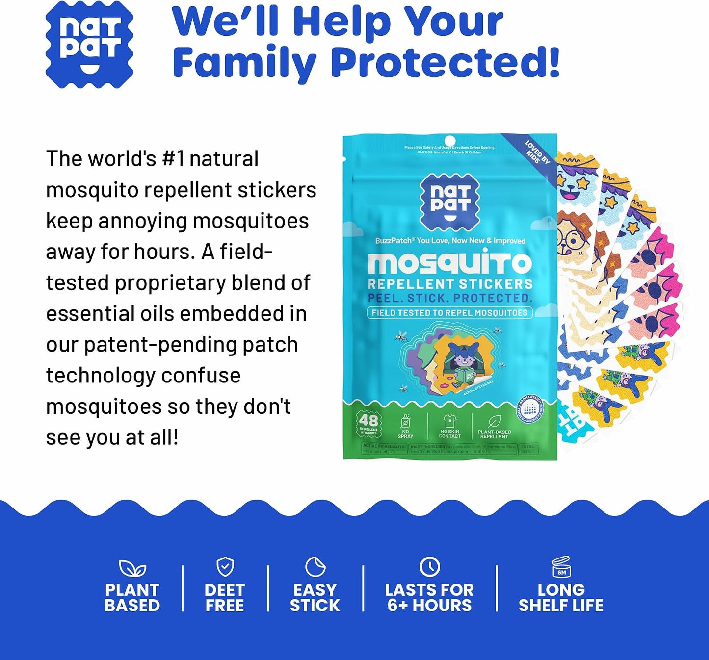 NATPAT Buzz Patch Mosquito Patch Stickers for Kids - Plant Based Ingredients, Non-Toxic - The Original All Natural Citronella Essential Oil Insect Patch, DEET Free, for Toddlers, Kids (48 Pack)