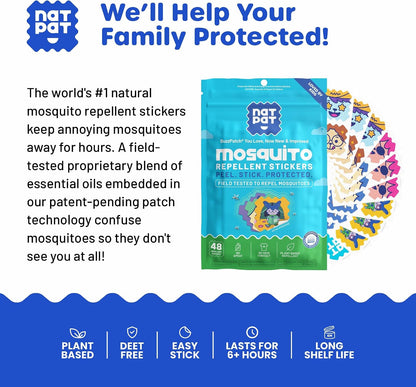 NATPAT Buzz Patch Mosquito Patch Stickers for Kids - Plant Based Ingredients, Non-Toxic - The Original All Natural Citronella Essential Oil Insect Patch, DEET Free, for Toddlers, Kids (48 Pack)