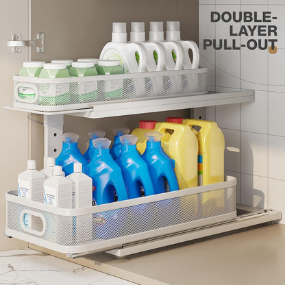 2 Pack 18.5IN-Depth Under Sink Organizer With Next-Gen Ball-Bearing Slides,2-Tier Precision Mesh Pull Out Cabinet Storage for Bathroom&Kitchen,Height Adjustable Drawers Shelf,Anti-rust-White