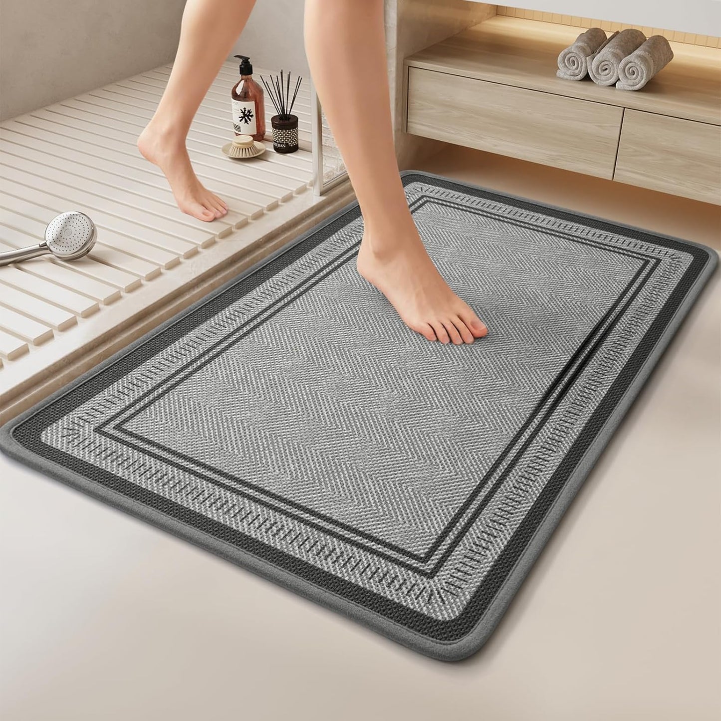 Non Slip Bath Mat with Rubber Backing, Absorbent Quick Dry Bath Rugs Washable, Thin Bathroom Rugs Fit Under Door for Bathroom Floor, Shower and Sink, 16"×24", Grey