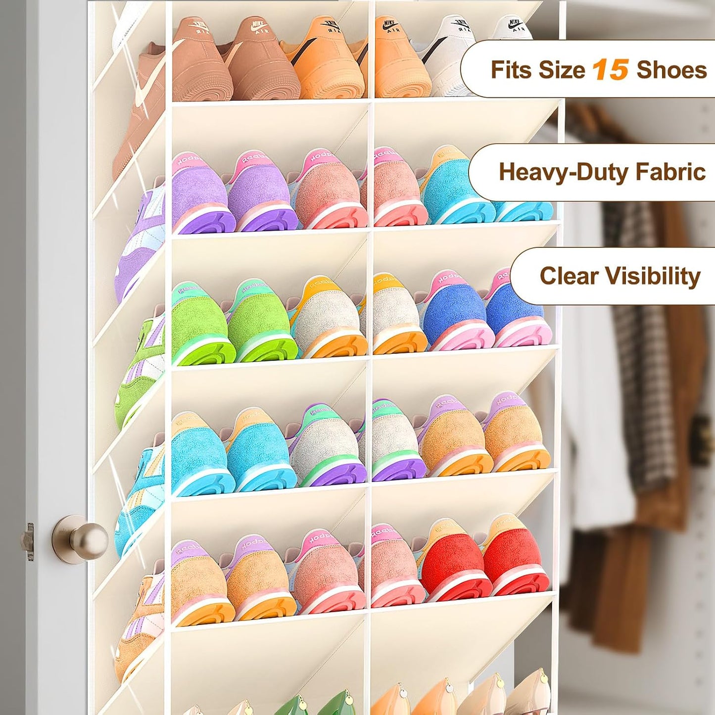 UVIAHOMI 20-30 Pairs Over the Door Shoe Organizer, Clear Pockets Hanging Shoe Storage for Closet, 10-Tier Door Shoes Rack, Handing Shoes Holder Fit All the Family's Sneakers, Boots, Heels, White
