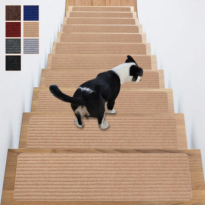 Stair Treads Non-Slip 16 Pack 8"x30" - Carpet Stair Runner for Indoor Wooden Steps with TPE Backing & Anti-Skid Surface, Reusable Adhesive Safety Rug for Kids/Elder/Pet-Friendly - Brown