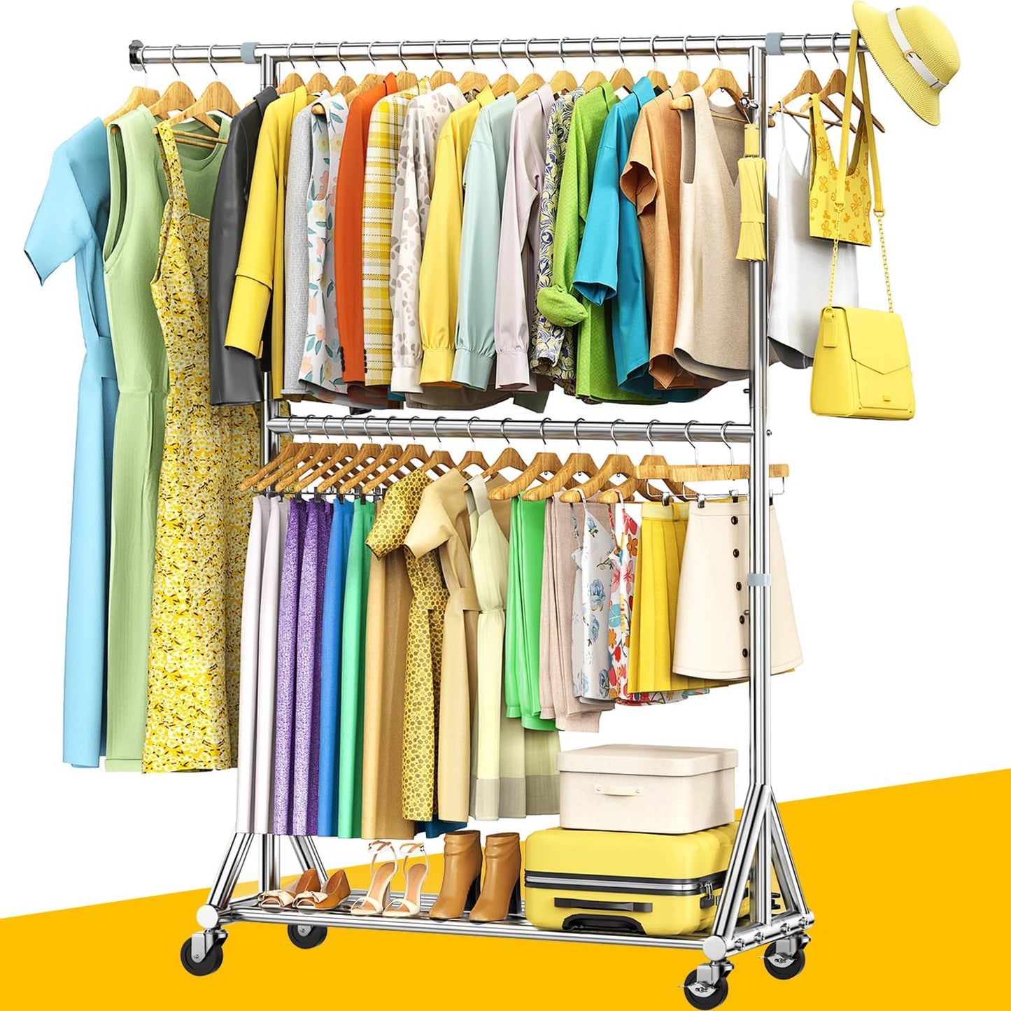 Upgraded 100% Stainless Steel Clothing Rack Load 760LBS, Heavy Duty Clothes Racks with Larger & Sturdy Wheel, Extendable & Adjustable Rolling Garment with Shelves for Hanging Portable Closet Rack
