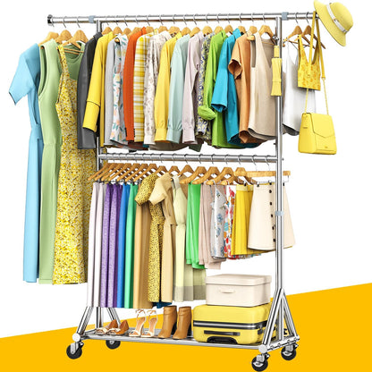 Upgraded 100% Stainless Steel Clothing Rack Load 760LBS, Heavy Duty Clothes Racks with Larger & Sturdy Wheel, Extendable & Adjustable Rolling Garment with Shelves for Hanging Portable Closet Rack