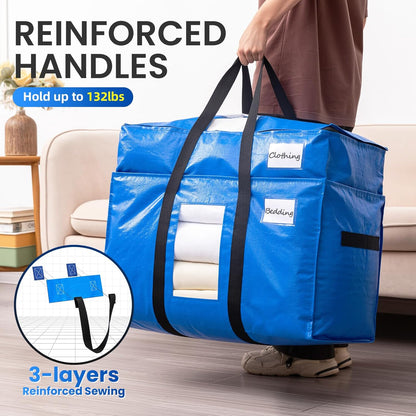 TAILI Extra Large Moving Bags, 4 Pack Blue Heavy Duty Totes For Storage with Visible Window, Wrap Around Handles, Storage Bags for Space Saving, Alternative to Moving Boxes