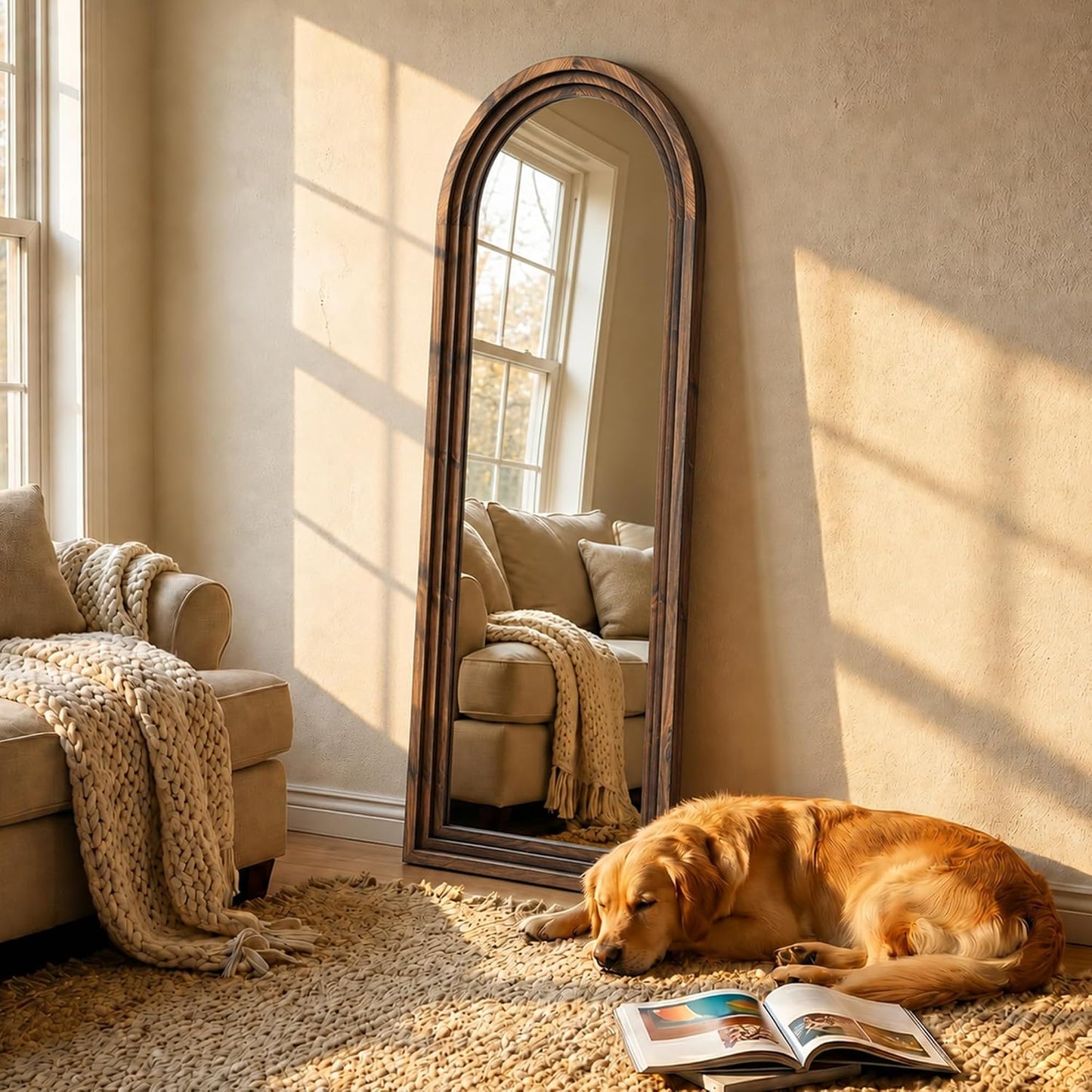 Arched Wood Floor Mirror with Stand, 63" x 21" Rustic Walnut Triple-Layer Solid Wood Frame Full Length Body Mirror, Shatterproof Tempered Glass, Wall Mounted or Leaning for Bedroom Entryway