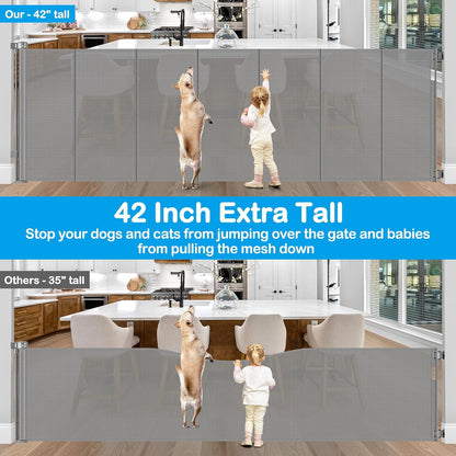 42 Inch Extra Tall Retractable Baby Gates with Reinforced Strips 55 Inch Wide Outdoor Retractable Dog Gate No Sag Extra Tall Baby Gate for Doorway Anti-Scratch Mesh Gates for Kids or Pets, White