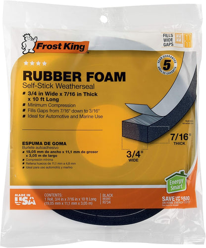 Frost King R338H Self-Stick Rubber Foam Weatherseal, 3/8"W, 3/16"T, Black|Blacks