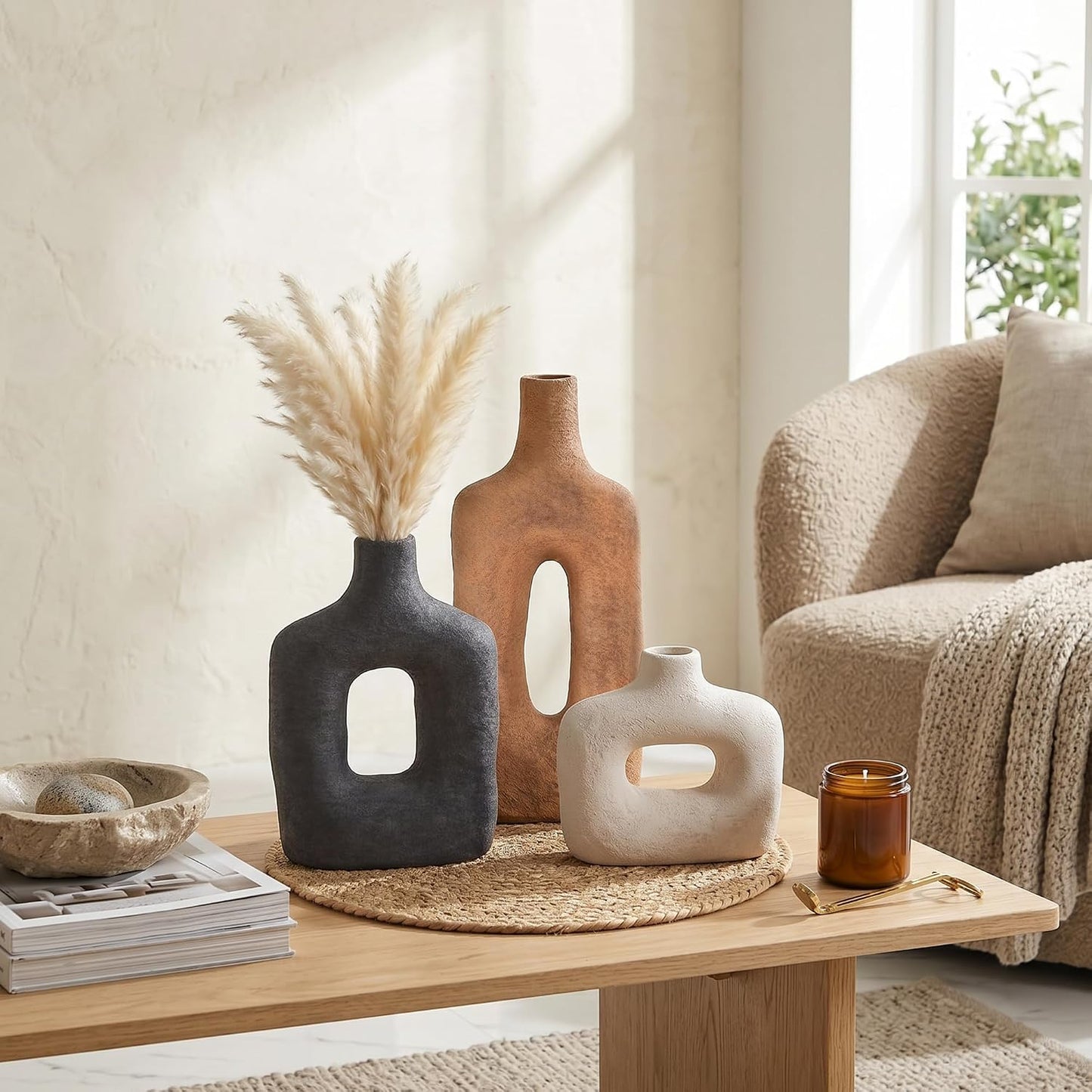 DREAMLOOM Ceramic Vase Set of 3, Modern Rustic Flower Vases for Pampas Grass, Dried & Fresh Flowers, Farmhouse Home Decor Vase for Living Room Bedroom Kitchen Shelf Centerpiece, Classic