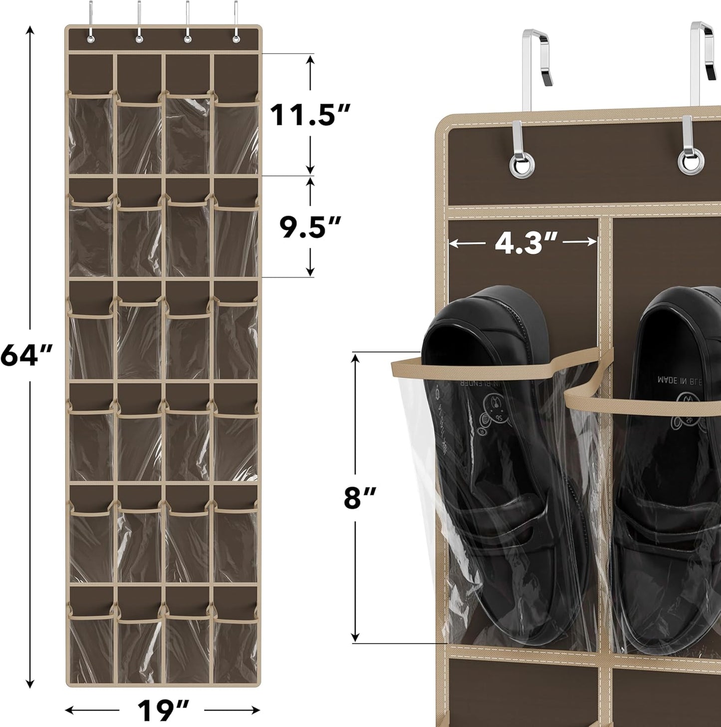 Simple Houseware 24 Pockets - Crystal Clear Over The Door Hanging Shoe Organizer, Gray (64'' x 19'')
