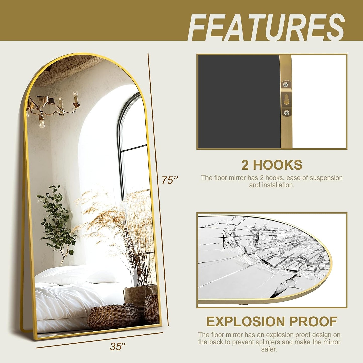 Delma Arched Mirror Full Length,Standing Mirror Full Body,Large Floor with Stand for Wall Entryway Door Bedroom Bathroom Living Room