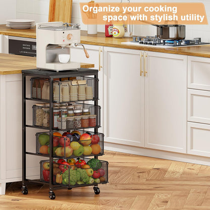 4 Tier Kitchen Rolling Cart, Kitchen Storage Cart with Wheels, Adjust Pantry Organizer and Storage Cart with Drawer, Fruit Vegetable Spice Storage Cart, Wooden Top Metal Kitchen Organizer Rack Stand