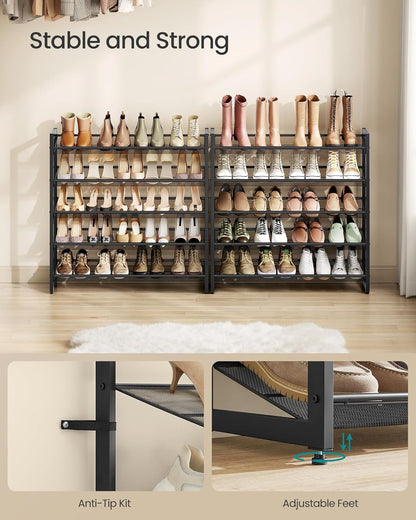 SONGMICS Shoe Rack, 12-Tier Shoe Organizer, Metal Shoe Storage for Garage, Entryway, Set of 2 6-Tier Stackable Shoe Shelf, with Adjustable Flat or Angled Shelves, Holds 48-60 Pairs, Black ULMR12B