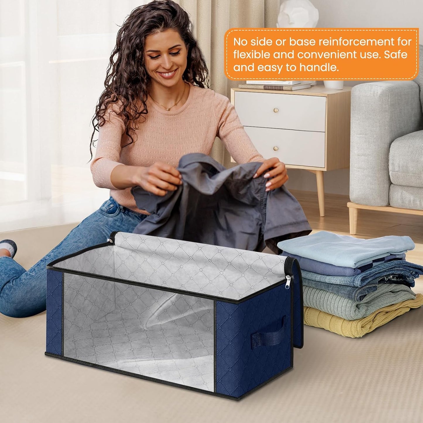 Fab totes 6 Pack Storage Bags for Clothes and Blanket, Foldable Closet Organizers and Storage with Zippers, Clear Window and Handles, Fabric Storage Bins for Sweater, Comforter, Bedding,Linen Sheets