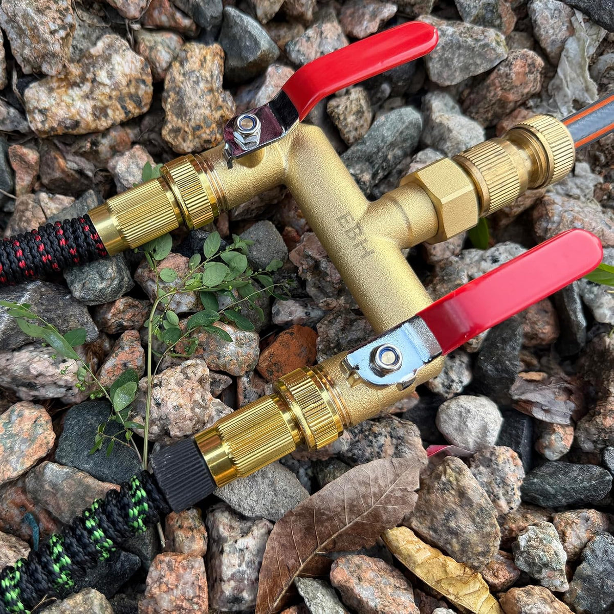 EBH Garden Hose Splitter, 2-Way High Flow Heavy Duty Brass Outdoor Hose Manifold with Extra Long Handles Full Flow Faucet Adapter- 3/4” GHT(Green)