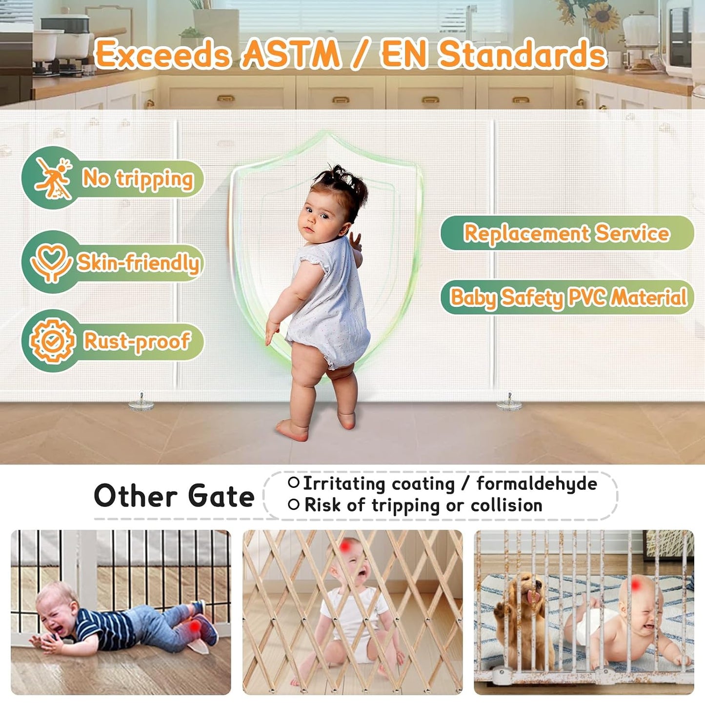 200'' Retractable Baby Gates Extra Wide,34" Tall Retractable Dog Gate for Doorways,Extra Long Retractable Baby Gate for Stairs,Kitchen,Indoor/Outdoor Retractable Gate with Fiberglass Reinforcement Rod