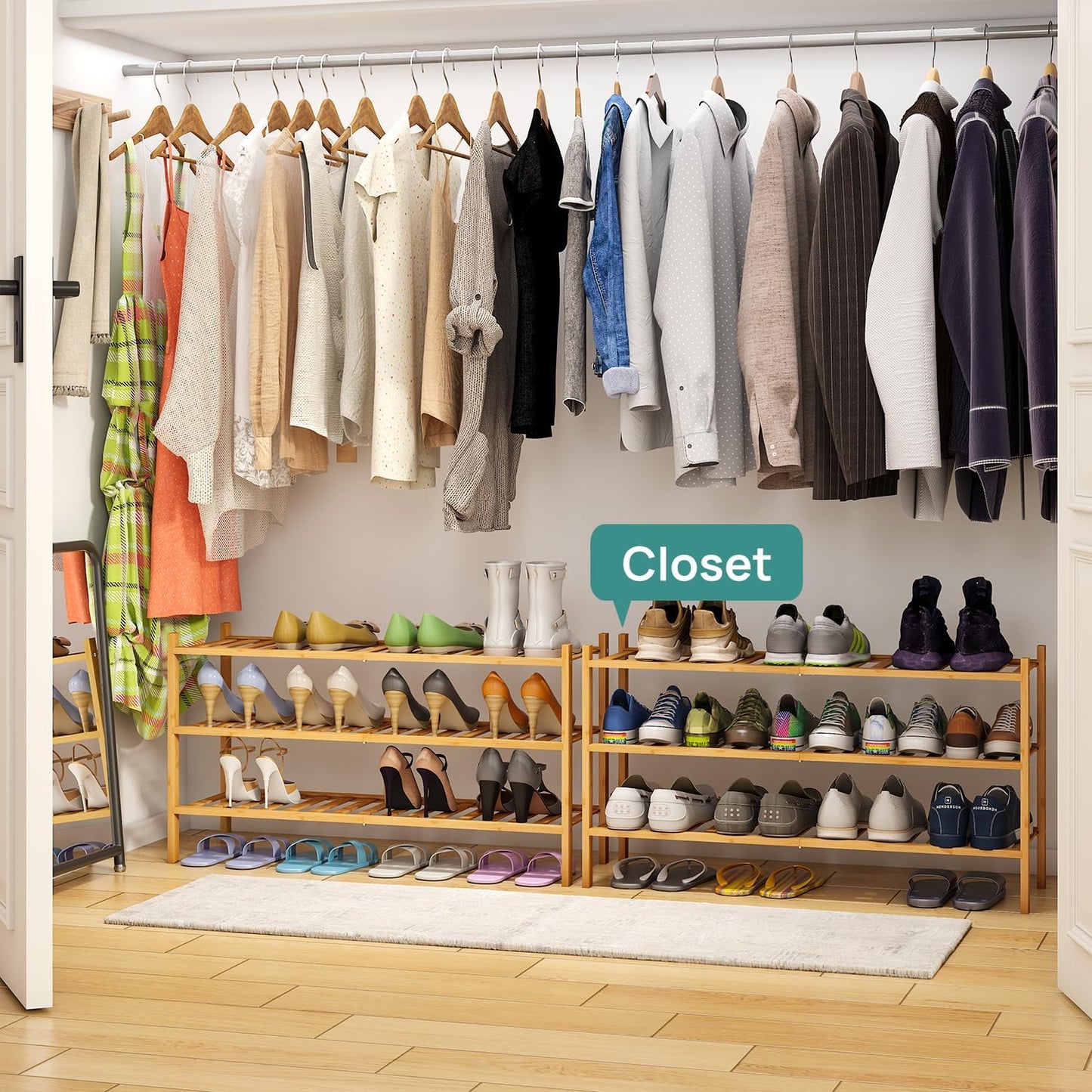viewcare 3-Tier Black Bamboo Shoe Rack for Entryway, Stackable | Foldable | Natural, Shoe Shelf Storage Organizer for Hallway Closet, Free Standing Shoe Racks for Indoor Outdoor